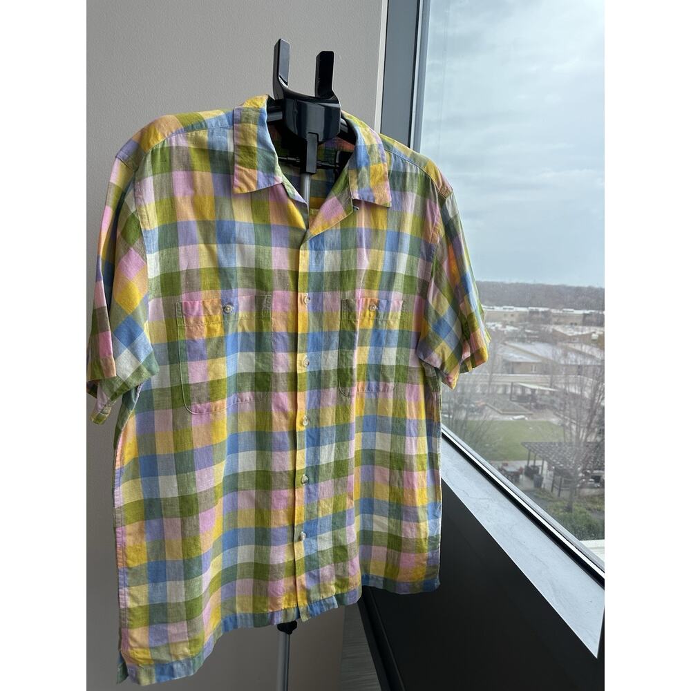 Paul Frederick Linen Plaid Multicolor Button Up Short Sleeve Shirt Size L